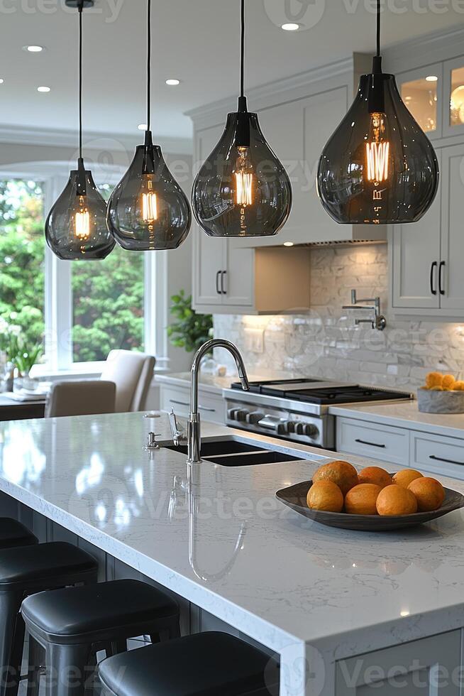 Modern kitchen island with pendant lights and quartz countertop photo