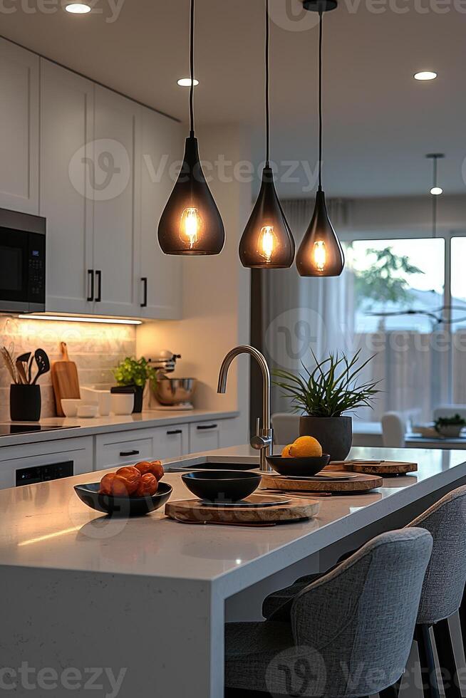 Modern Kitchen Island with Pendant Lighting and Seating photo