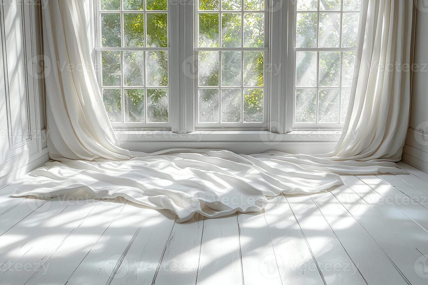 White Draped Fabric Near Window In Bright Room photo