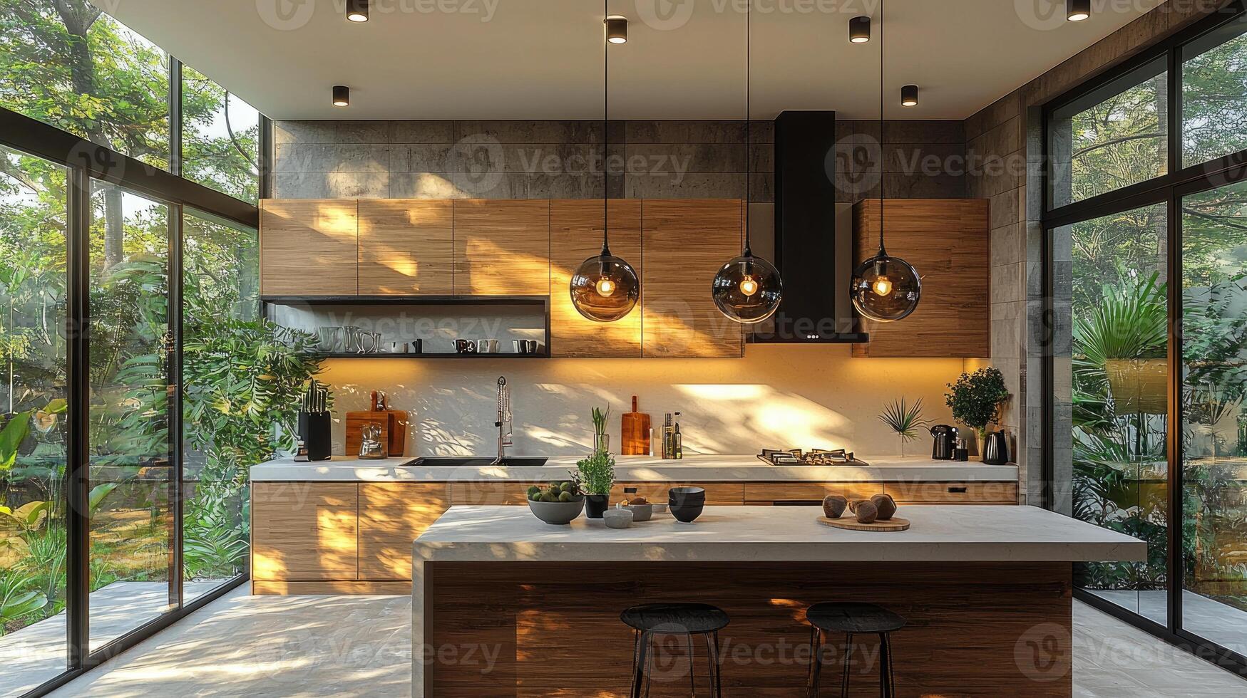 Modern Kitchen Design With Abundant Natural Light and Greenery photo