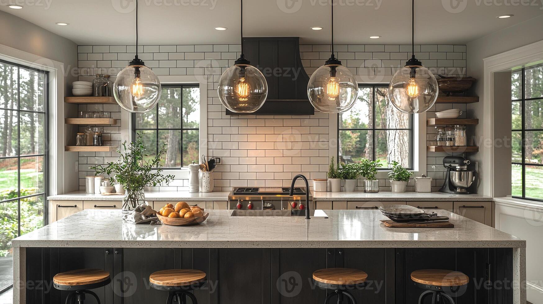 Modern Farmhouse Kitchen Island With Pendant Lights photo