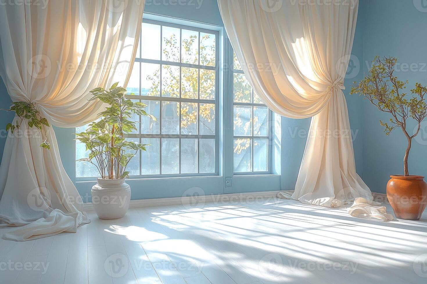 Sunlit Room with Sheer Curtains and Potted Plants photo