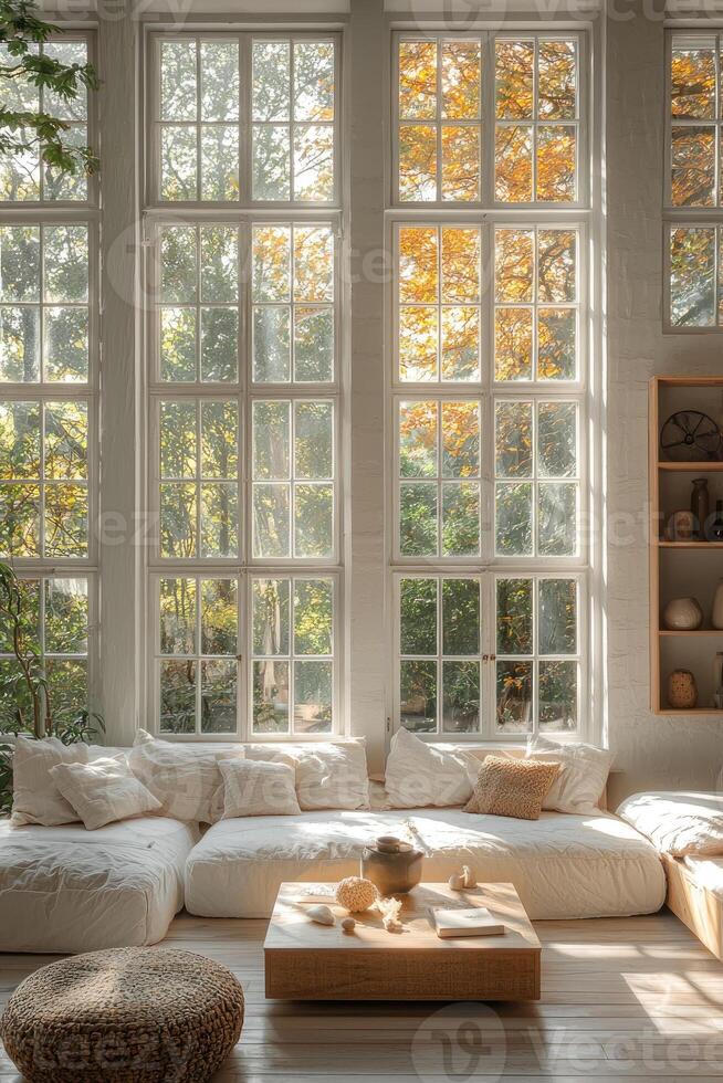 Sunlit Room Featuring a Comfortable Modular Sofa and Large Windows photo