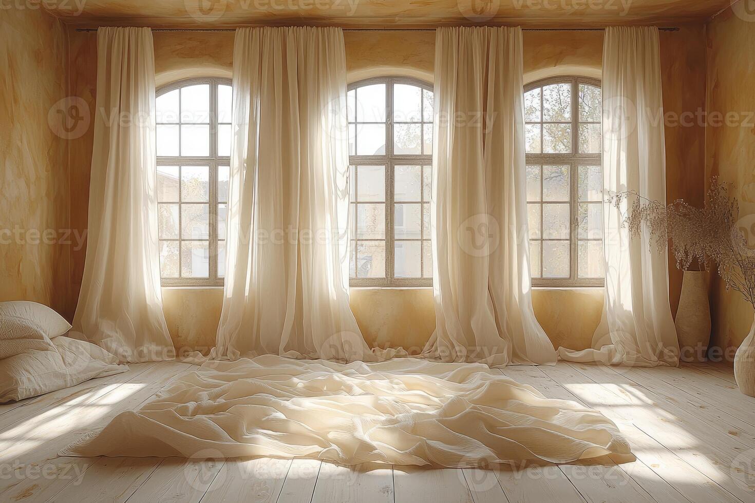 Serene sunlit room with sheer curtains and fabric photo