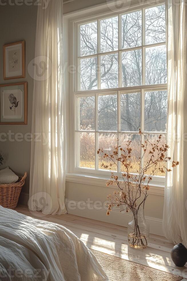 Sunlit bedroom with window view and dried flowers photo