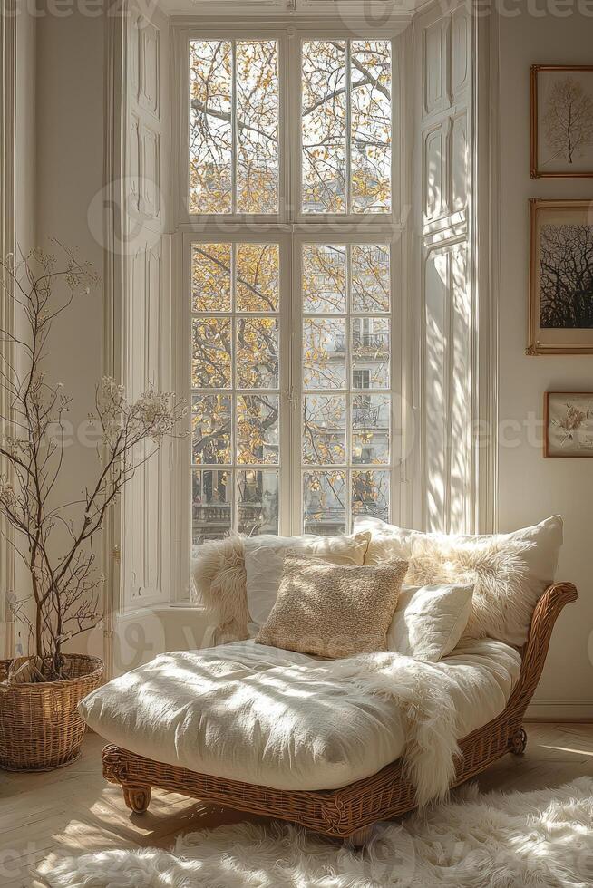 Cozy Wicker Daybed Near Large Window With Autumnal View photo