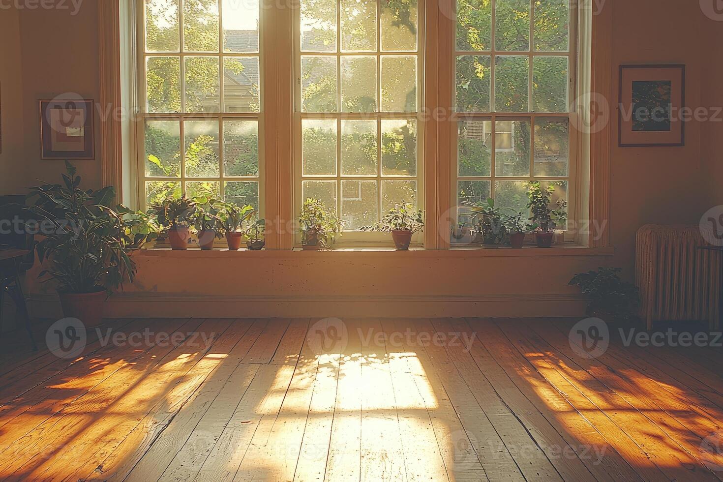 Sunlight streams through a large window illuminating a wooden floor photo