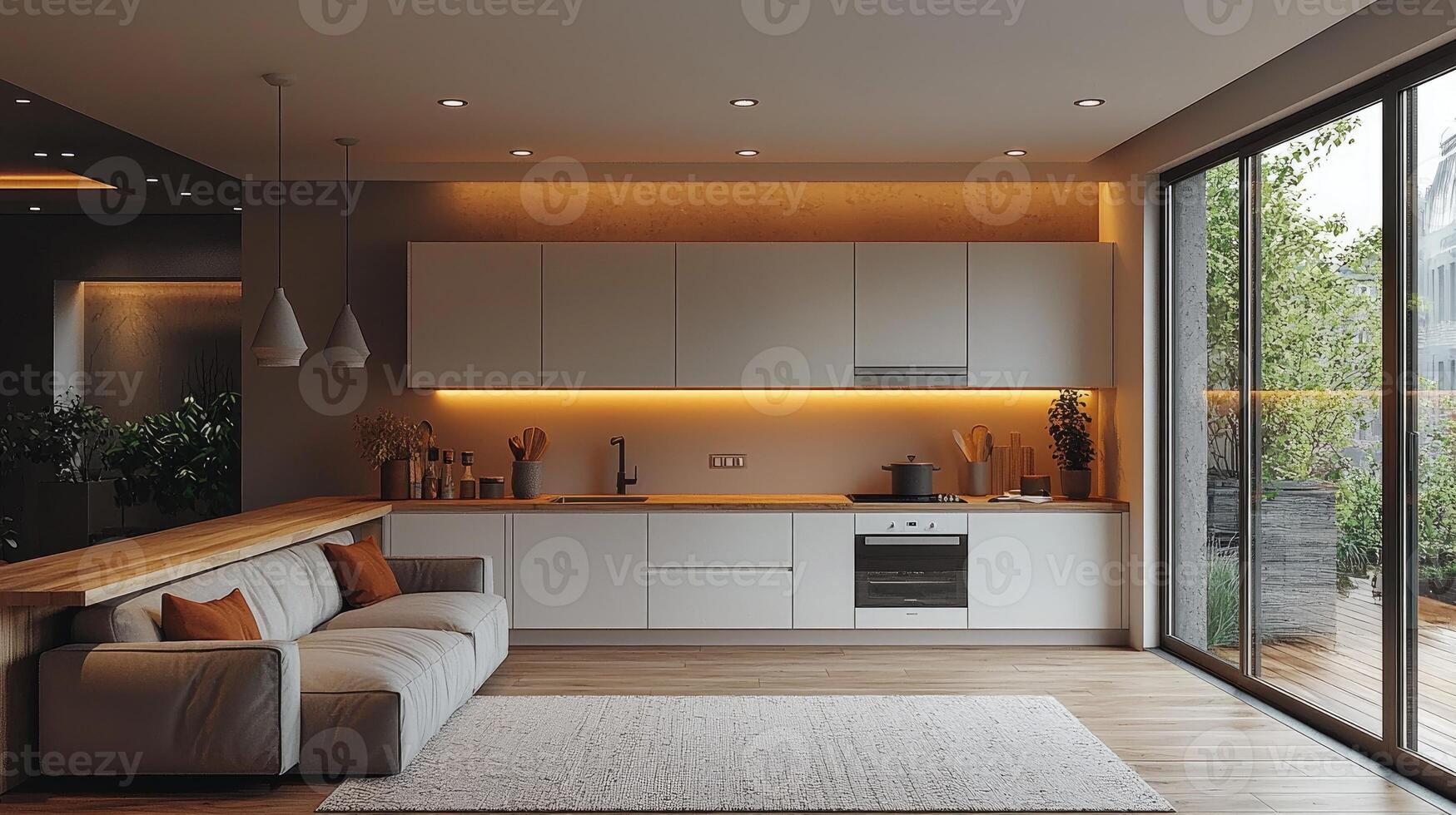 Modern Kitchen Design with Integrated Sofa and Large Window photo