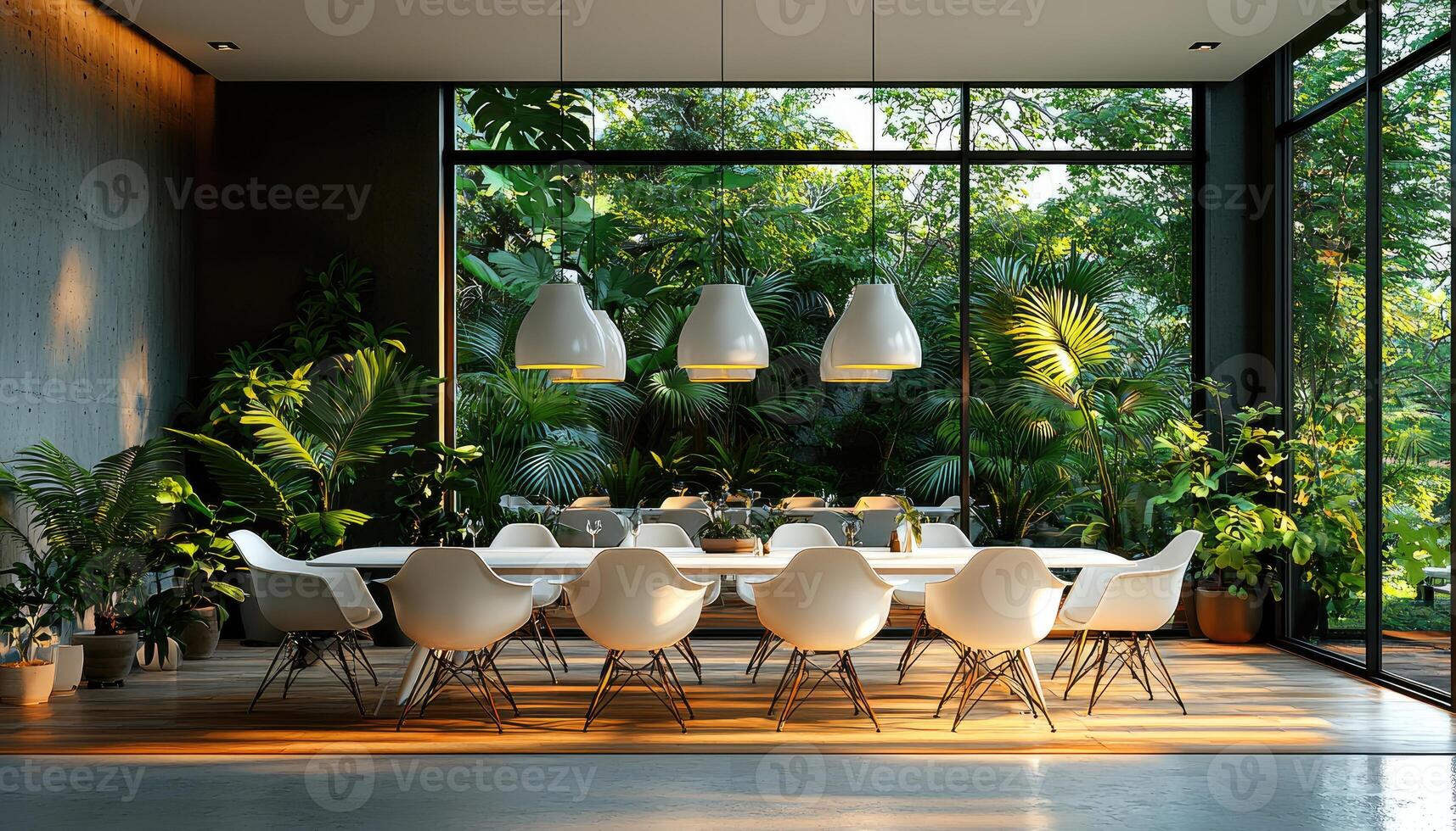 Modern Dining Room Overlooking Lush Tropical Garden photo