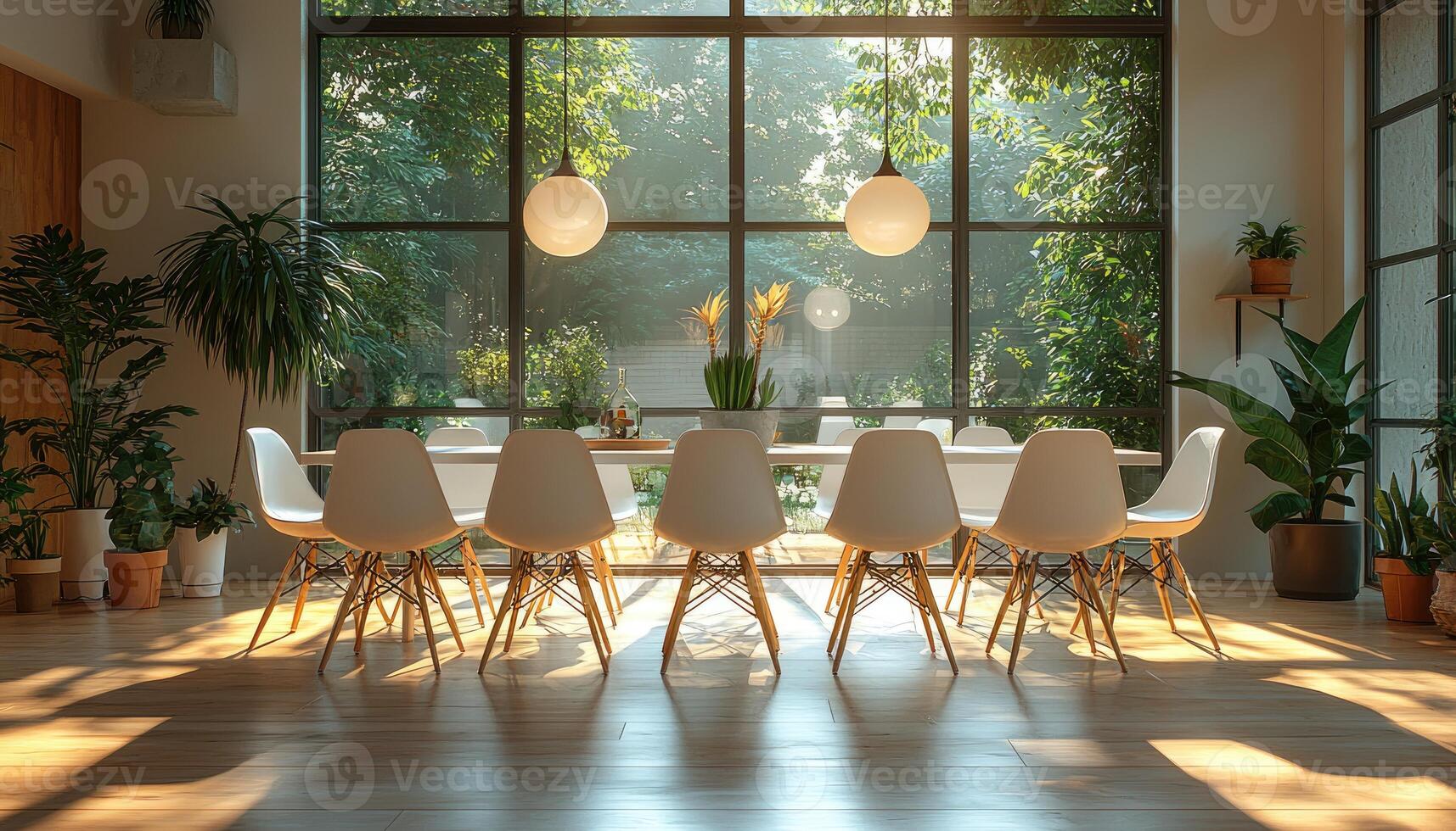 Sunlit Modern Dining Room With Garden View photo