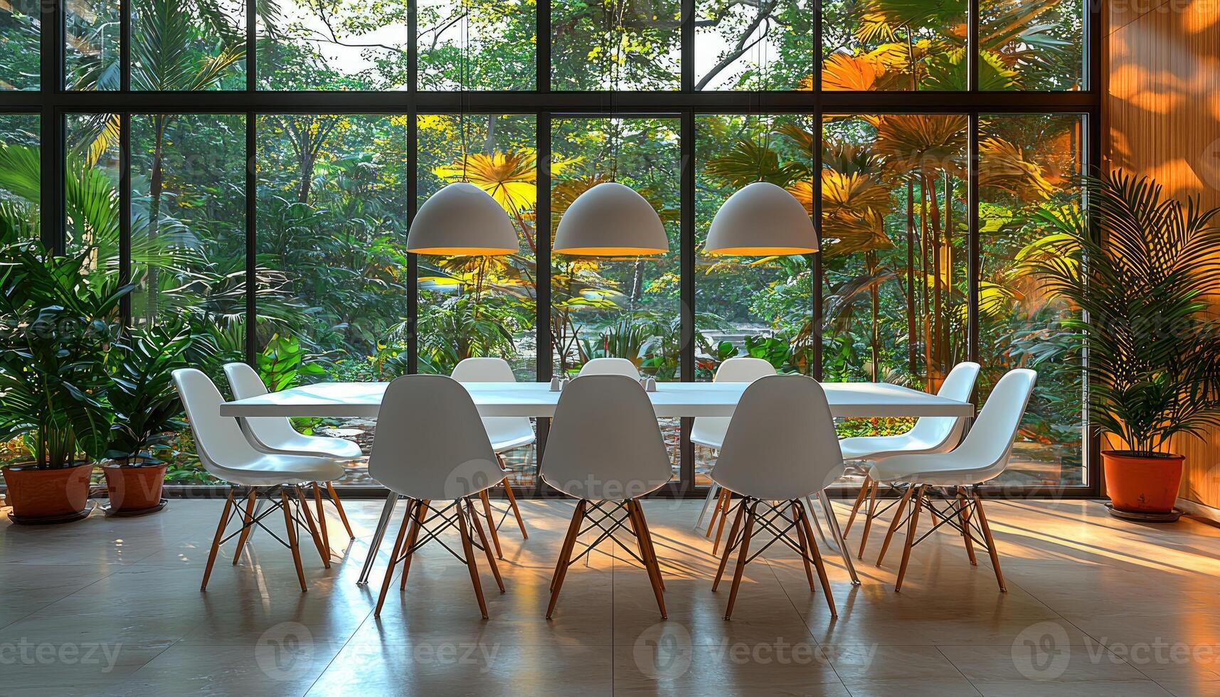 Modern Room Overlooking Lush Tropical Garden photo