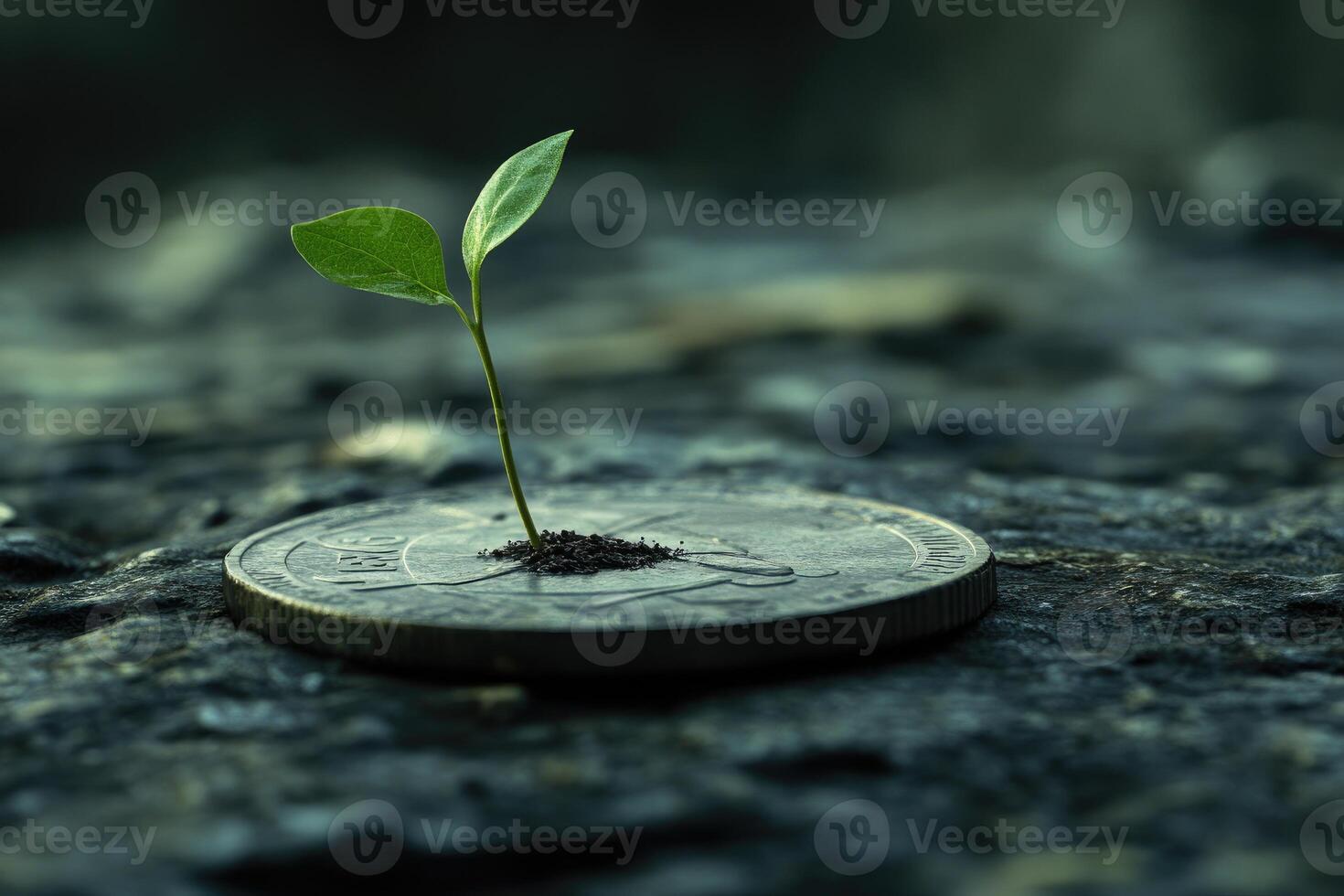 A Tiny Sprout Emerging From A Coin photo