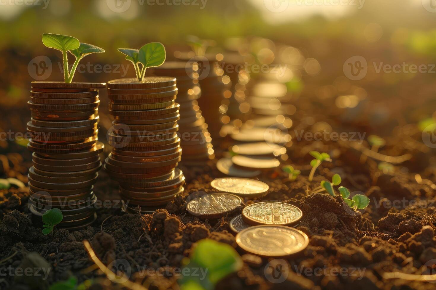 Seedlings growing from stacks of golden coins in soil photo