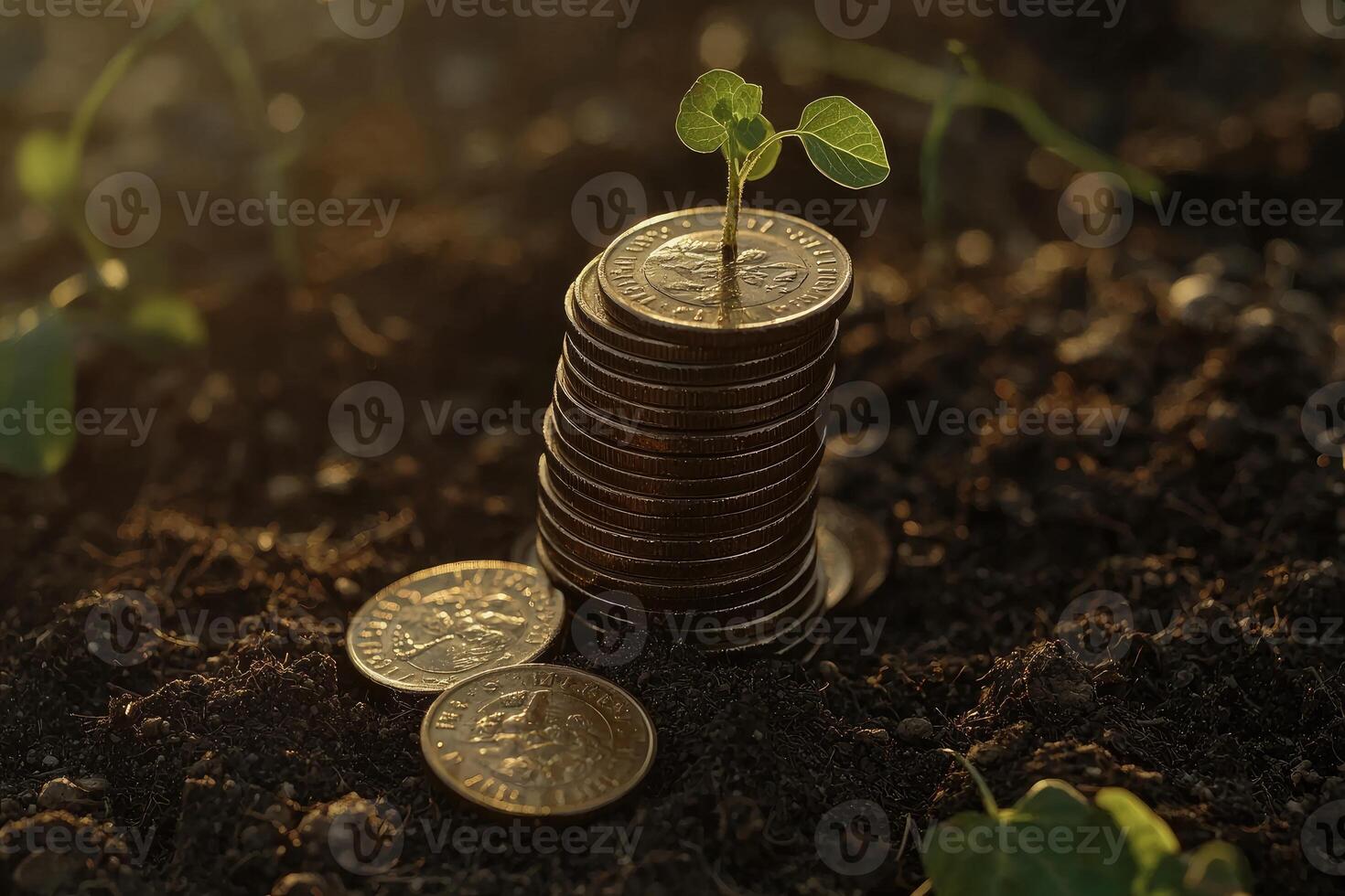 Young Plant Sprouting From Stack Of Coin In Soil photo
