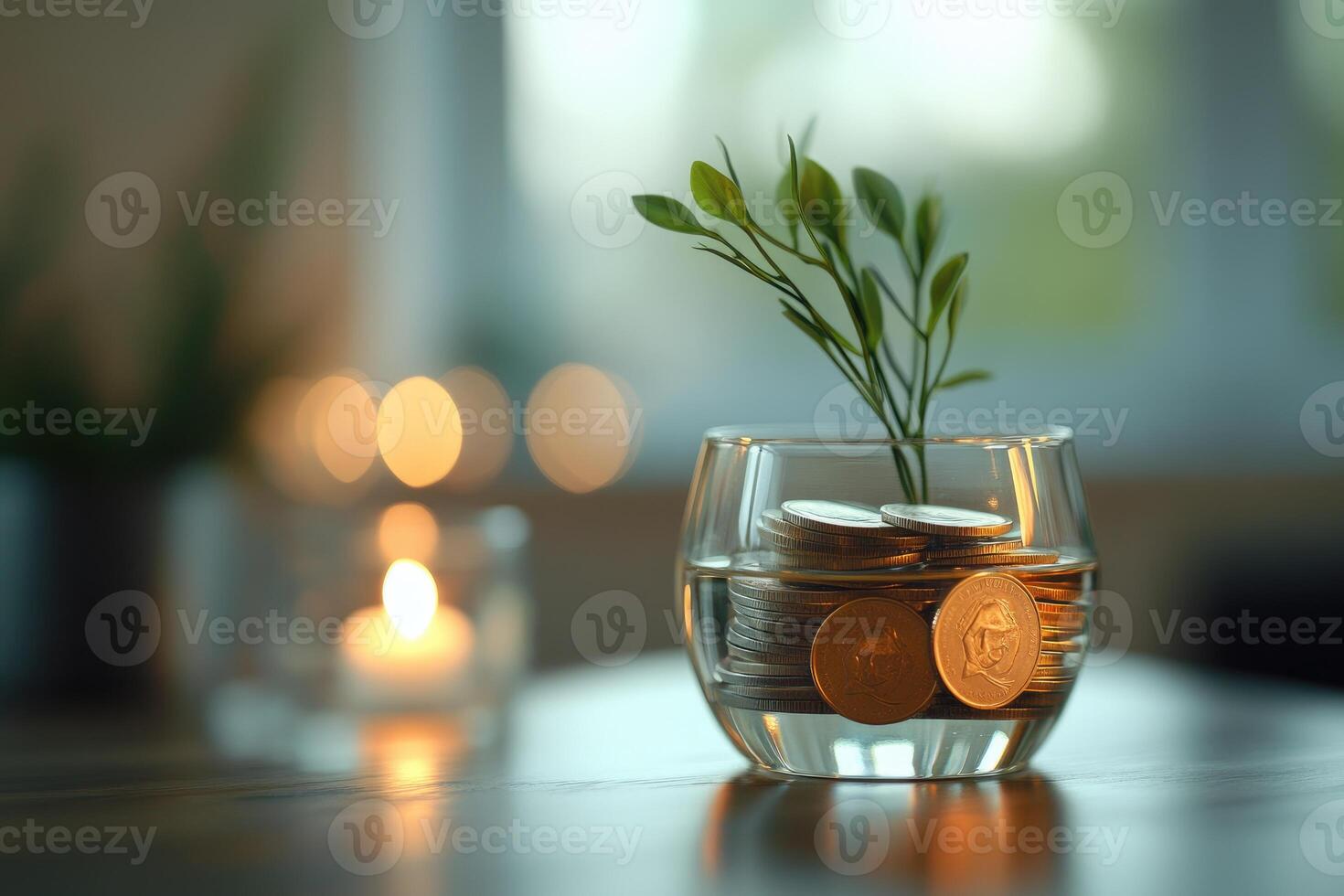 Glass Holds Coins and Growing Plant Representing Savings photo