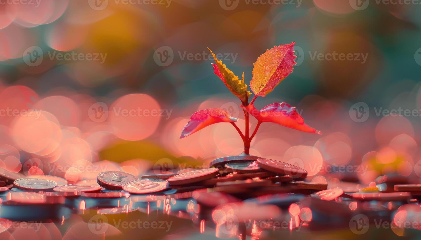 Red Sprout Growing From A Pile Of Coins photo