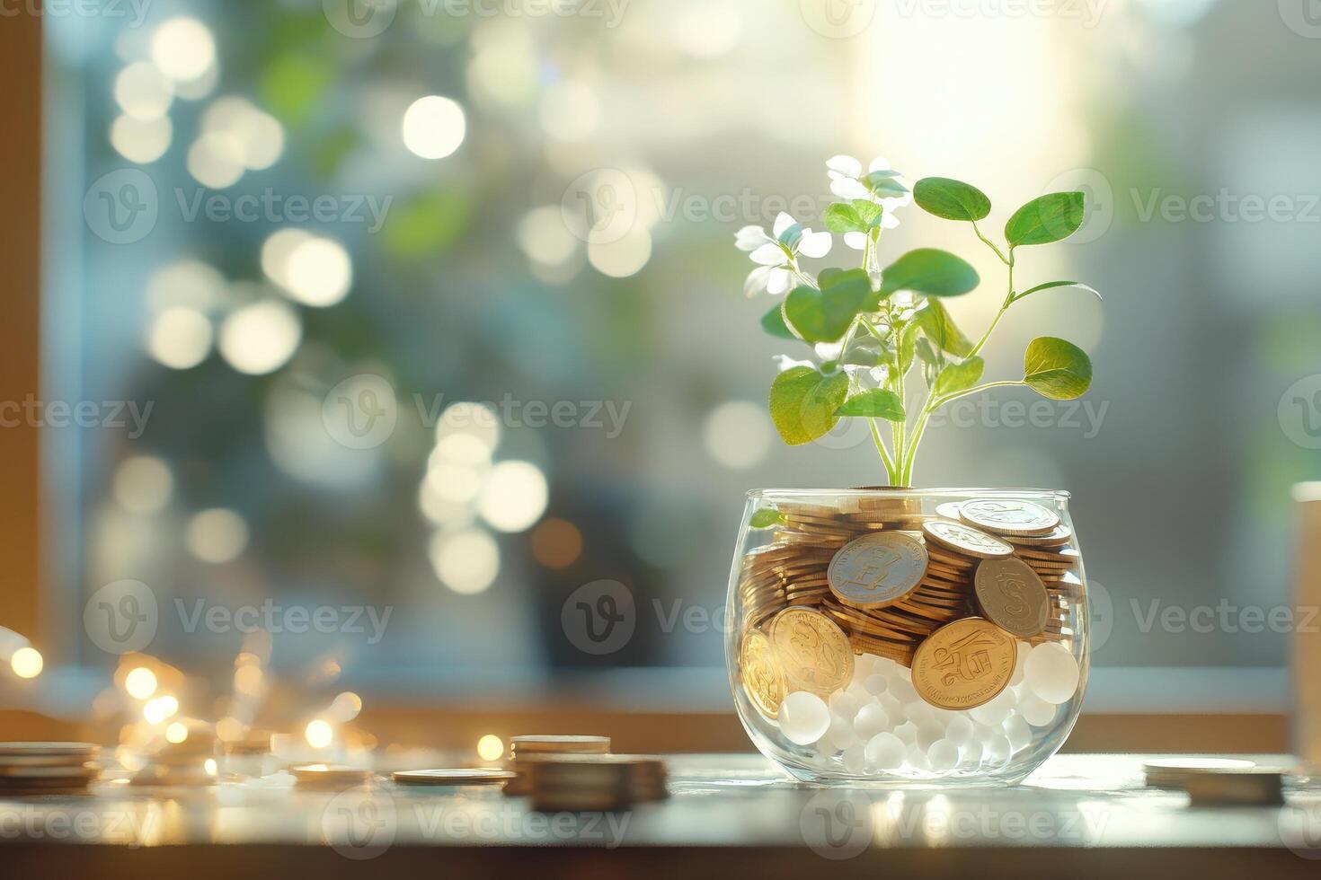 Growing money plant with coins in a glass vase photo