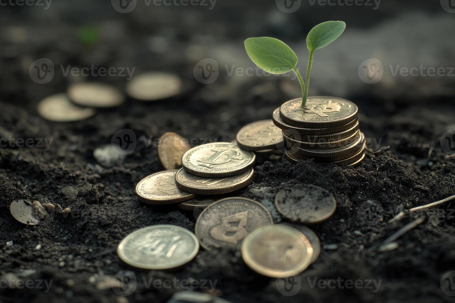 A seedling sprouts from a stack of coins in soil photo