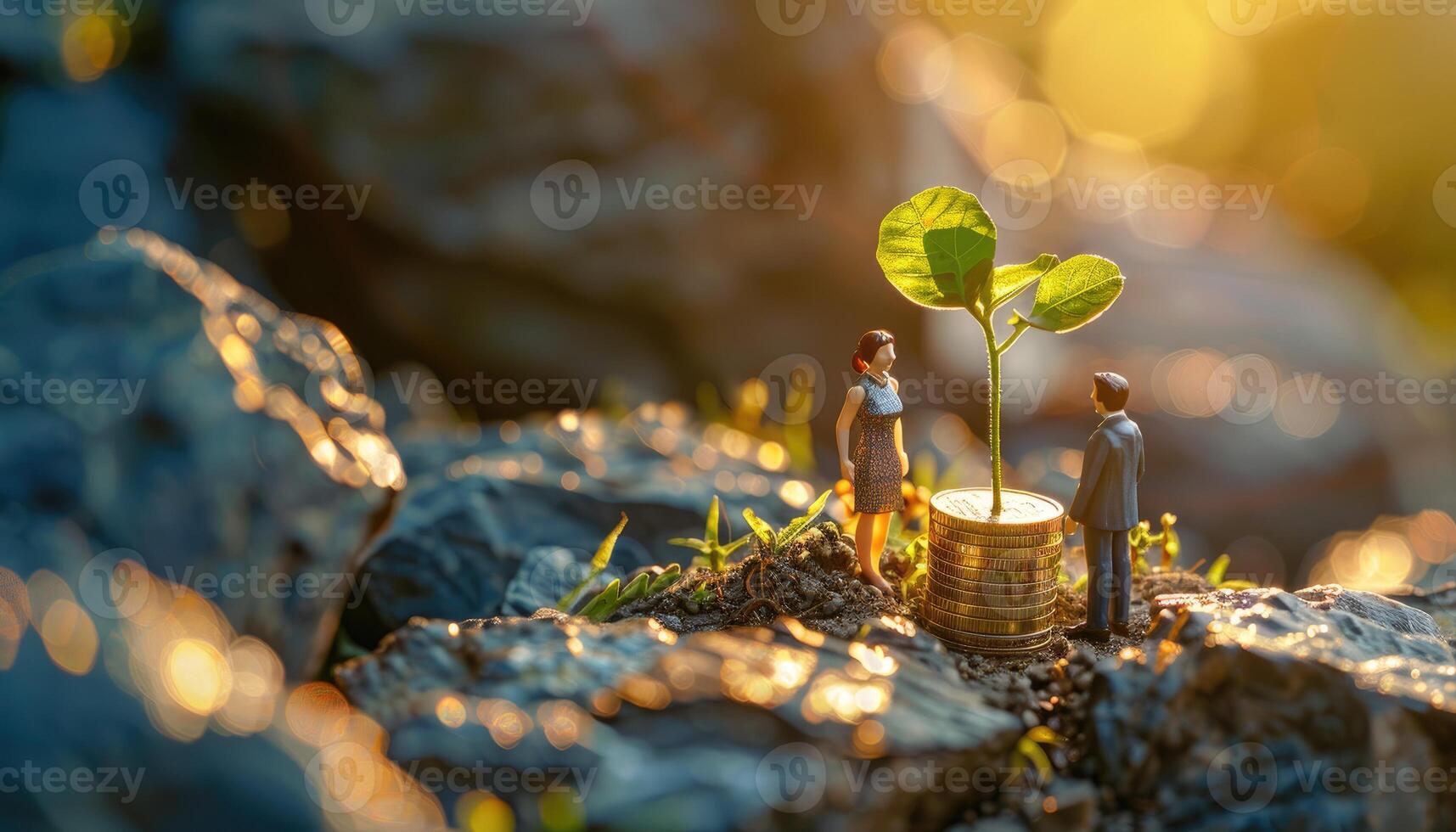 Miniature Figures Observe Growing Plant on Coins photo