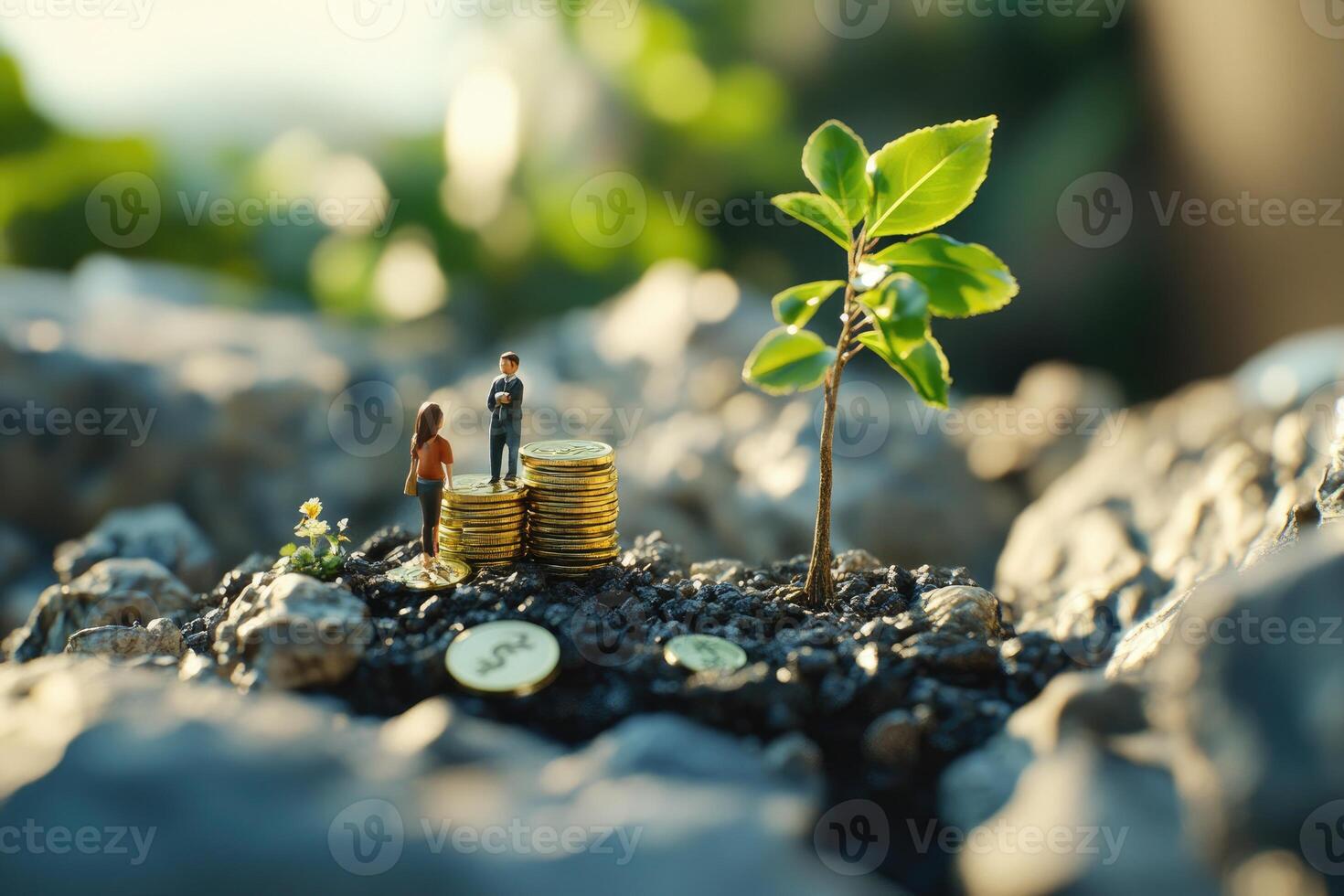 Miniature Figures Stand Beside Growing Plant And Gold Coins photo