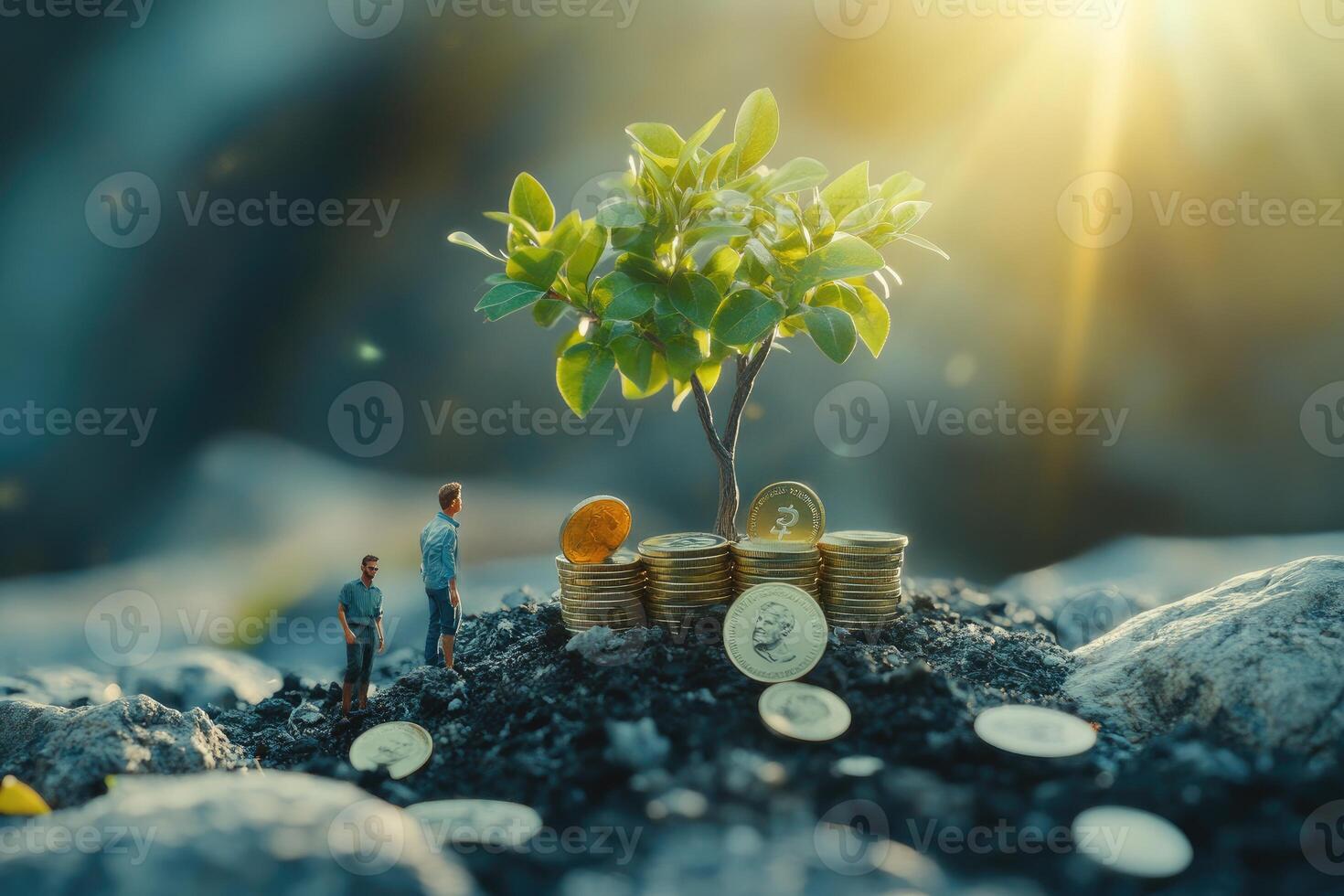 Miniature Figures Observe Growing Money Tree photo