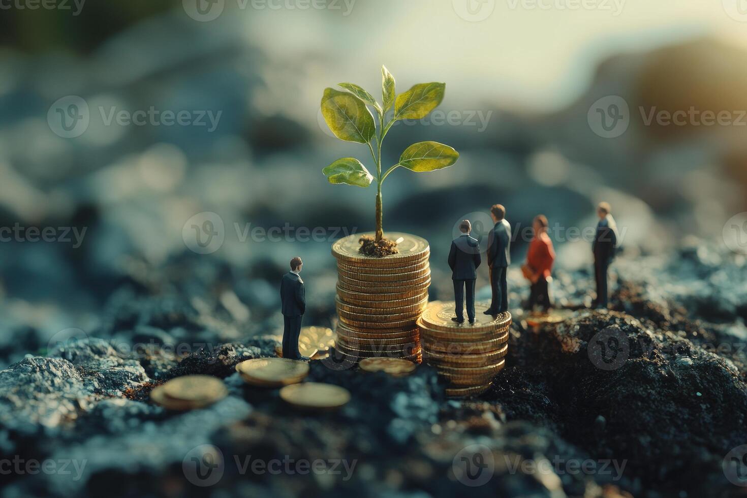 Miniature Figures Observing Plant Growth On Gold Coins photo