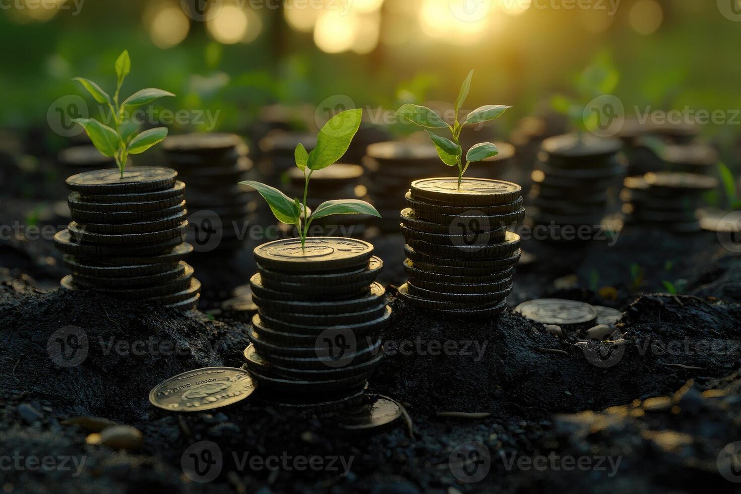 Plants Growing From Stacks Of Coins photo