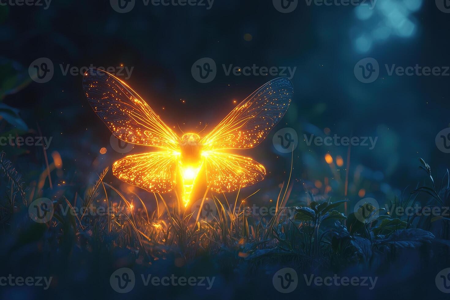 Luminous Cicada Glowing in Night Grassland photo