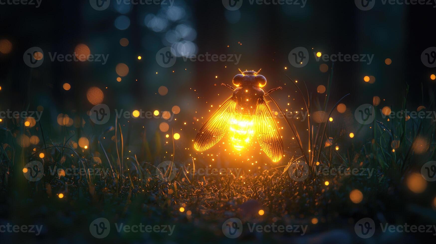 Luminous Insect Glowing Brightly In Night Grass photo