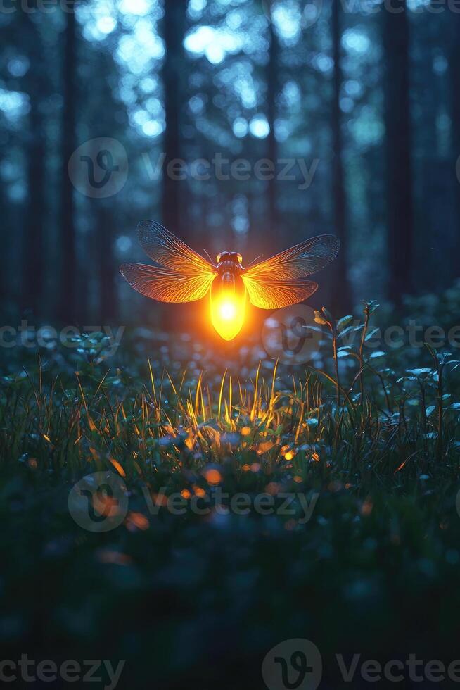 Luminous Firefly Glowing In Dark Forest Night photo