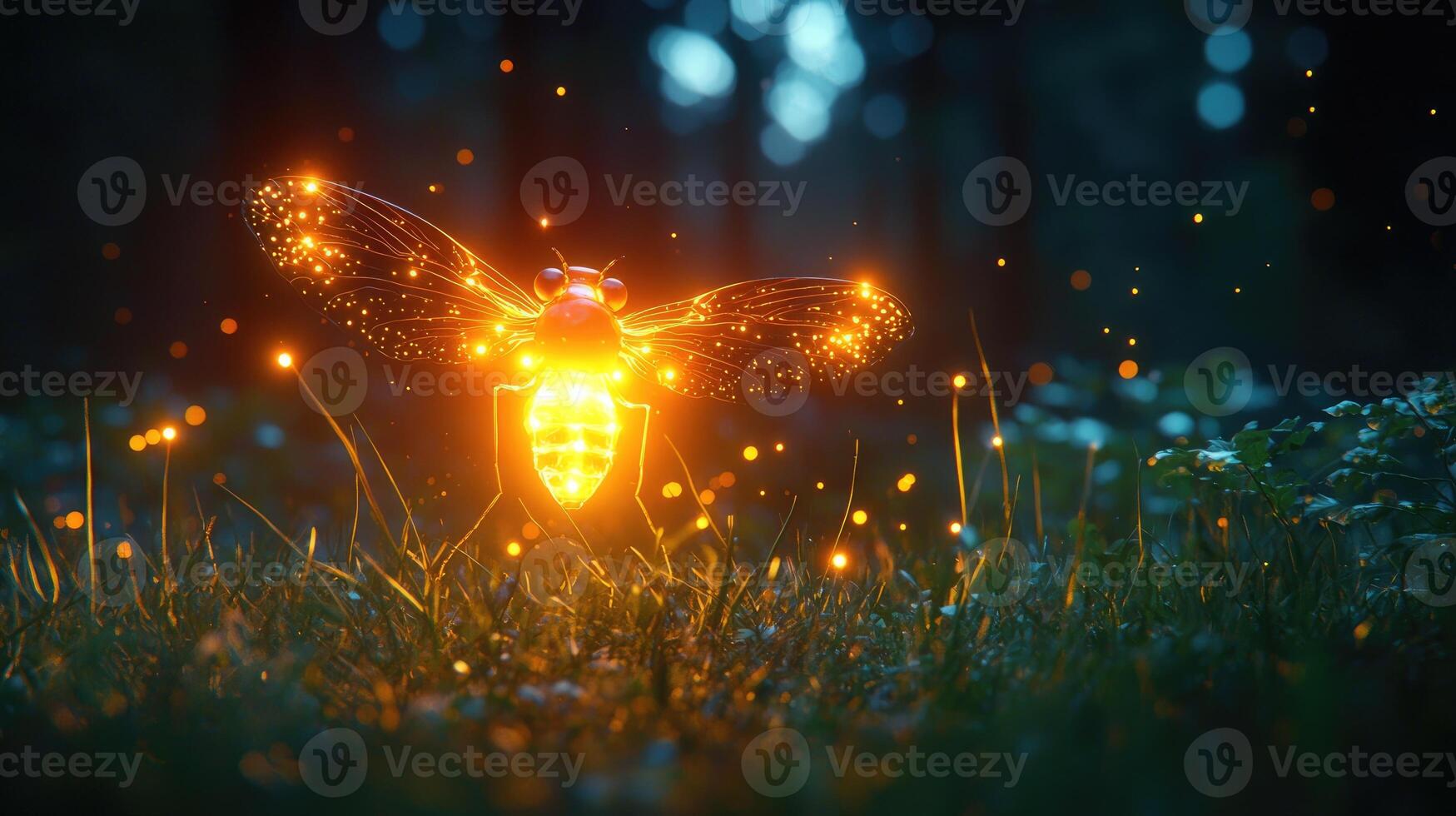 Luminous Insect Glowing In Night Forest Grass photo