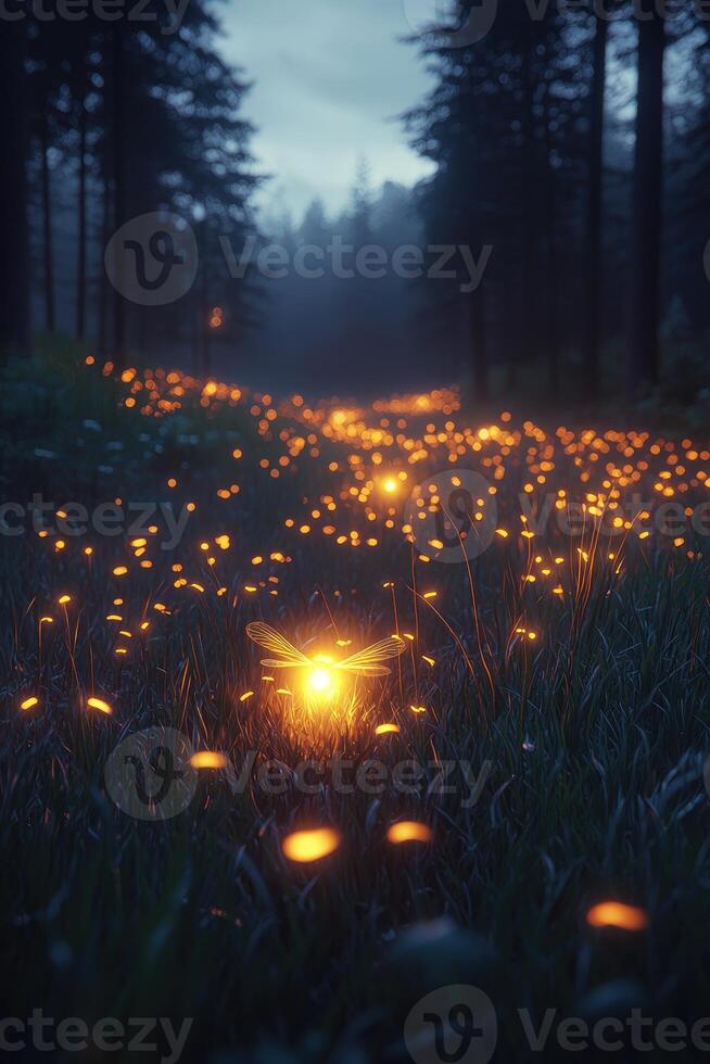 Glowing Firefly In Dark Forest Grassland At Dusk photo