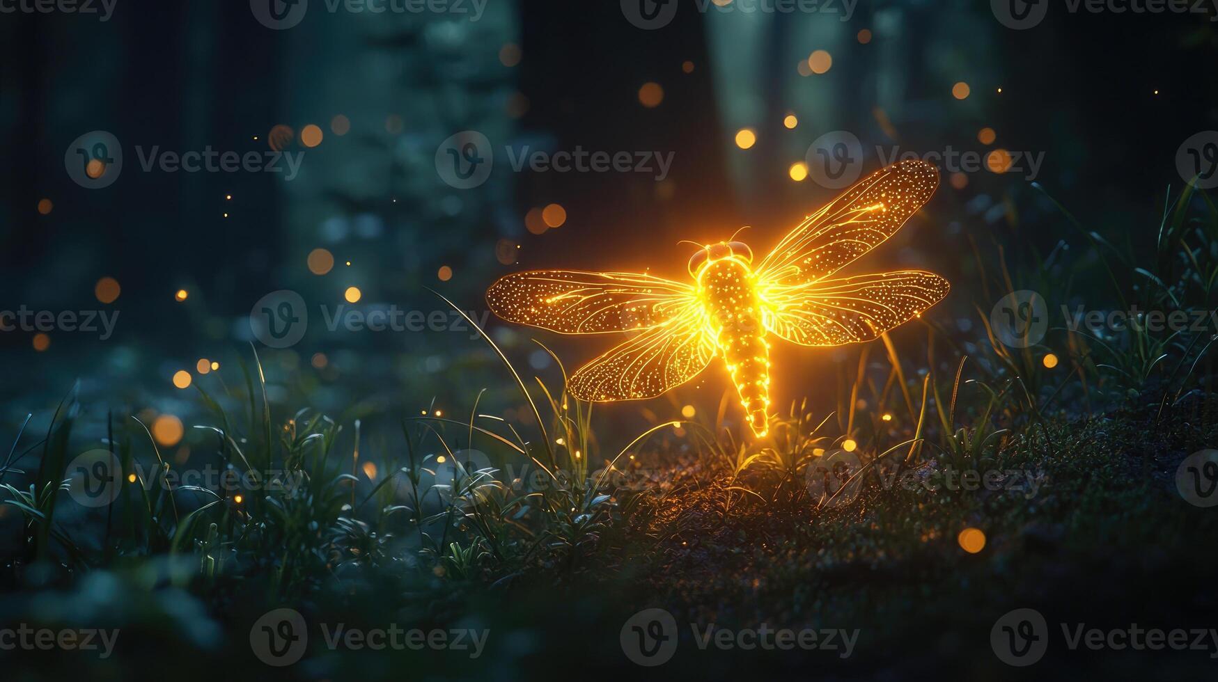Luminous Dragonfly In A Dark Forest photo
