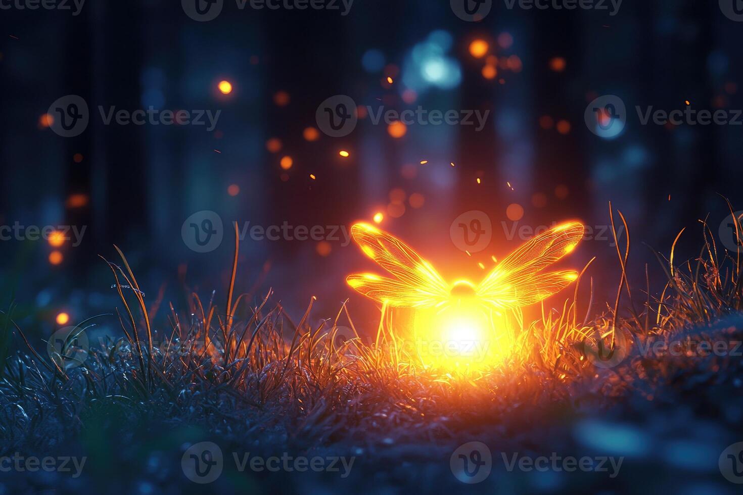 Luminous Dragonfly In Night Forest Grass photo