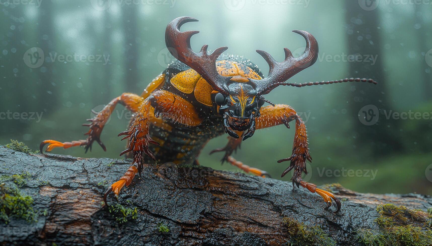 A Majestic Antlered Beetle Crawls On Damp Wood photo