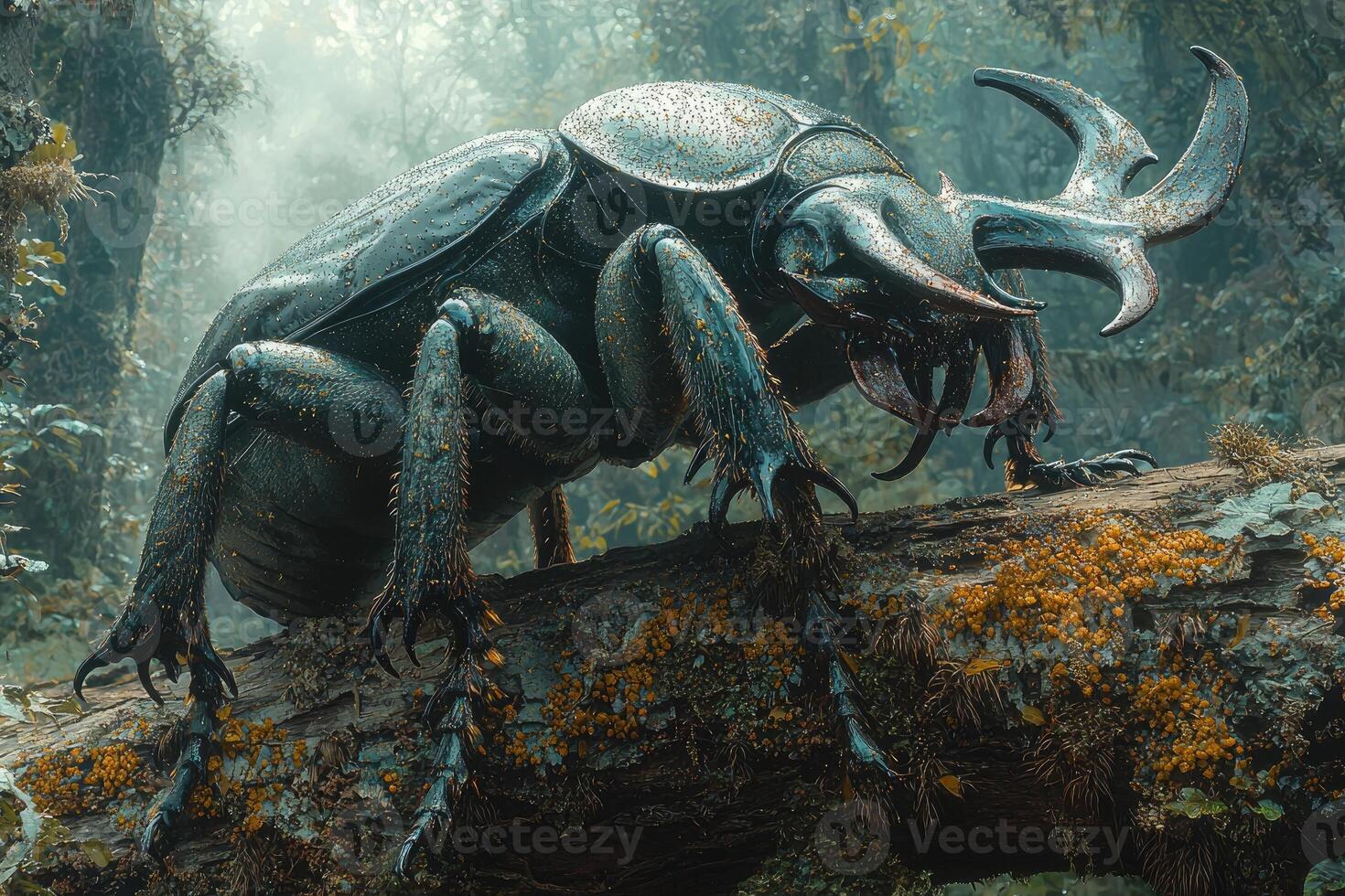 Gigantic beetle crawls on mossy forest log photo