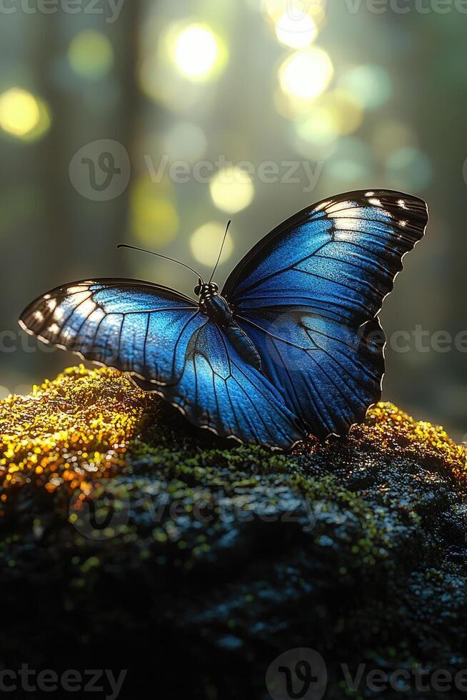 Blue Morpho Butterfly Rests on Mossy Rock photo