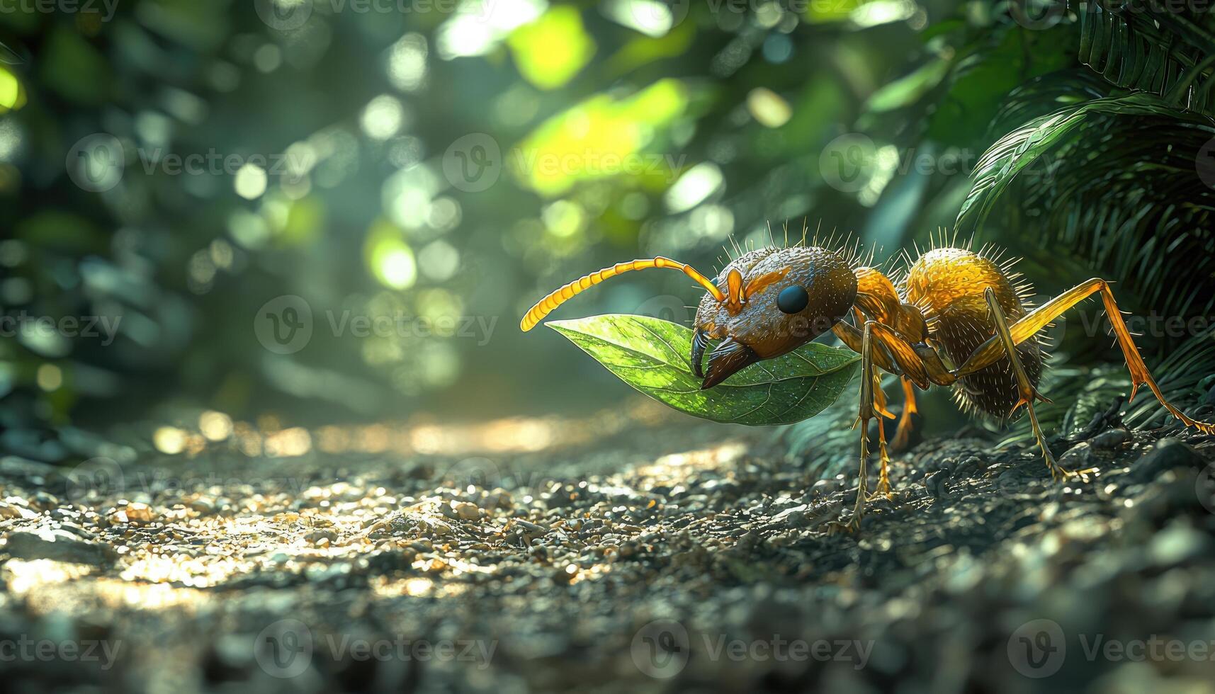 Golden Ant Carrying Leaf Through Lush Forest photo