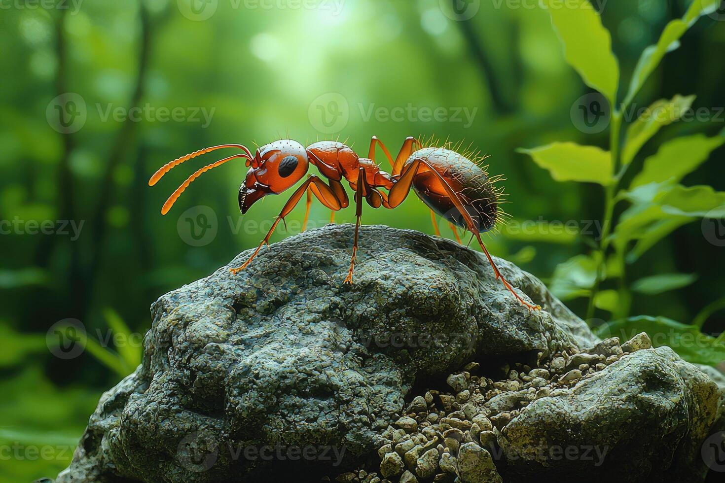 A Red Ant Perched Upon A Dark Grey Rock photo