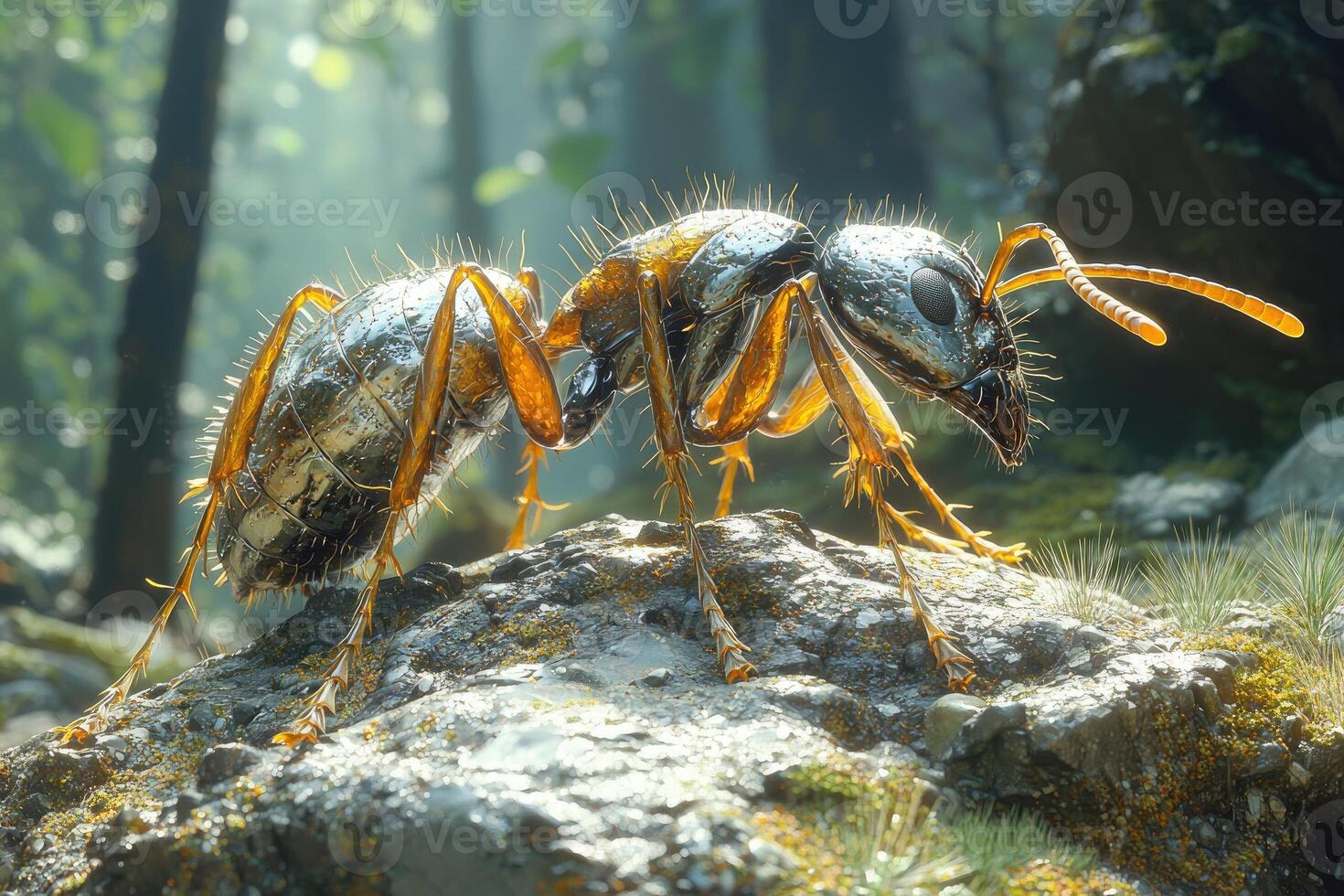 A Metallic Golden Ant Stands on a Forest Rock photo