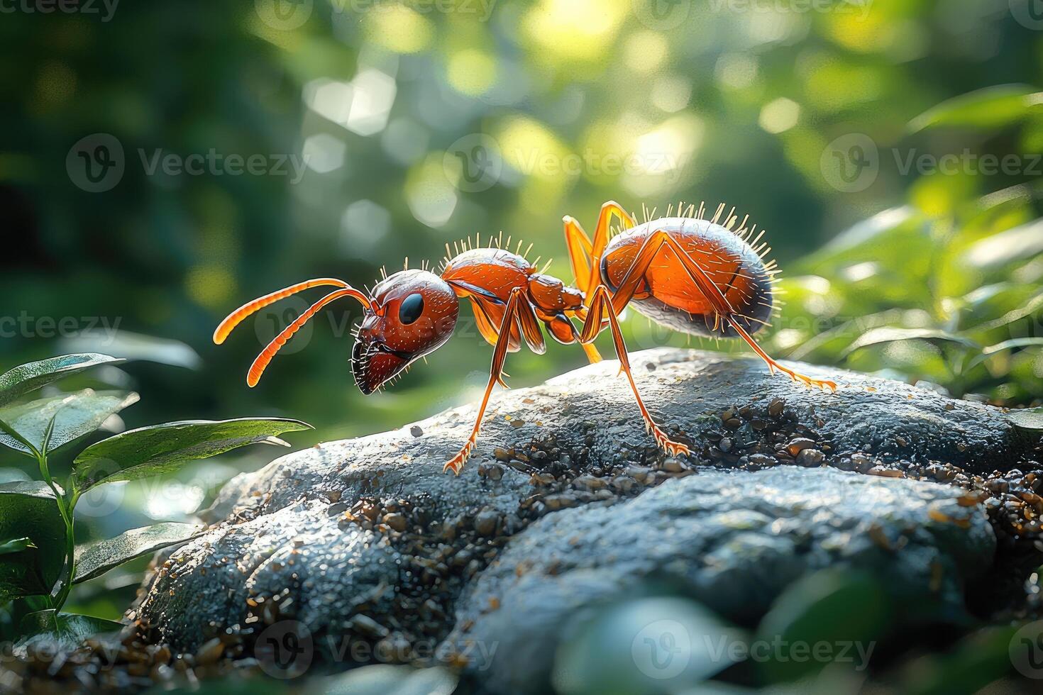 A Detailed View of a Red Ant on a Rock photo