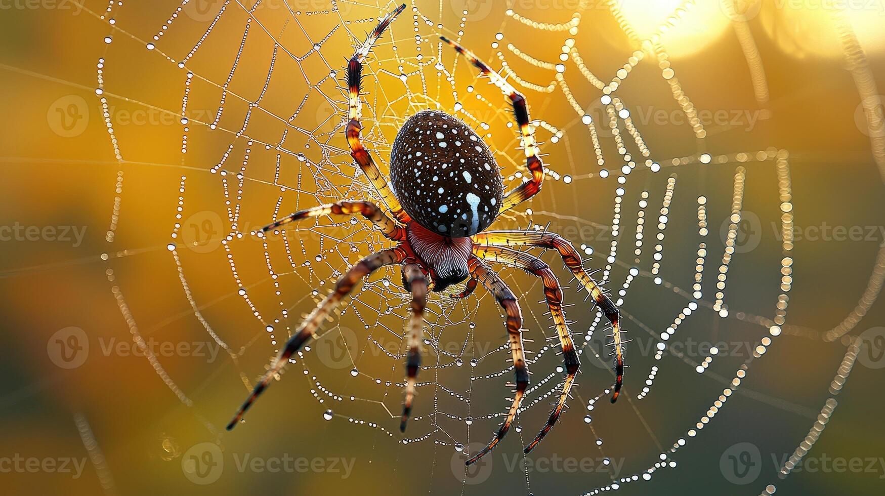 A Dew Covered Spider In Its Web At Sunrise photo