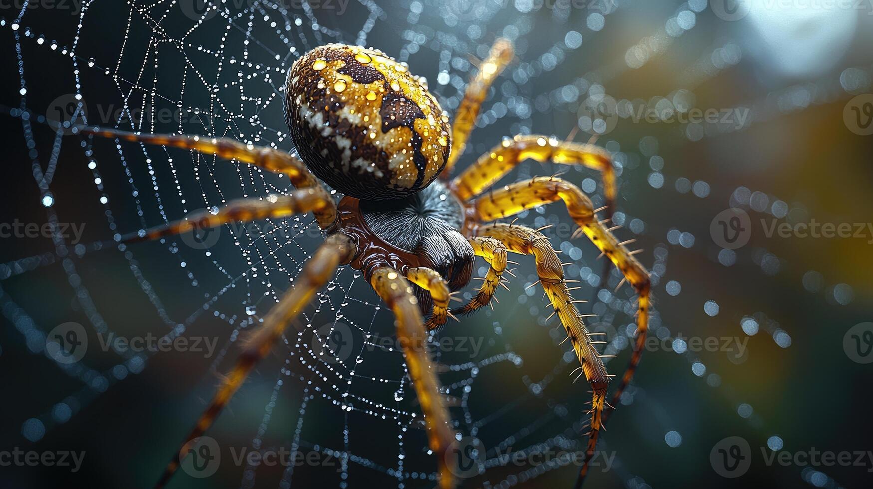 A Dew Kissed Spider On Its Orb Web photo