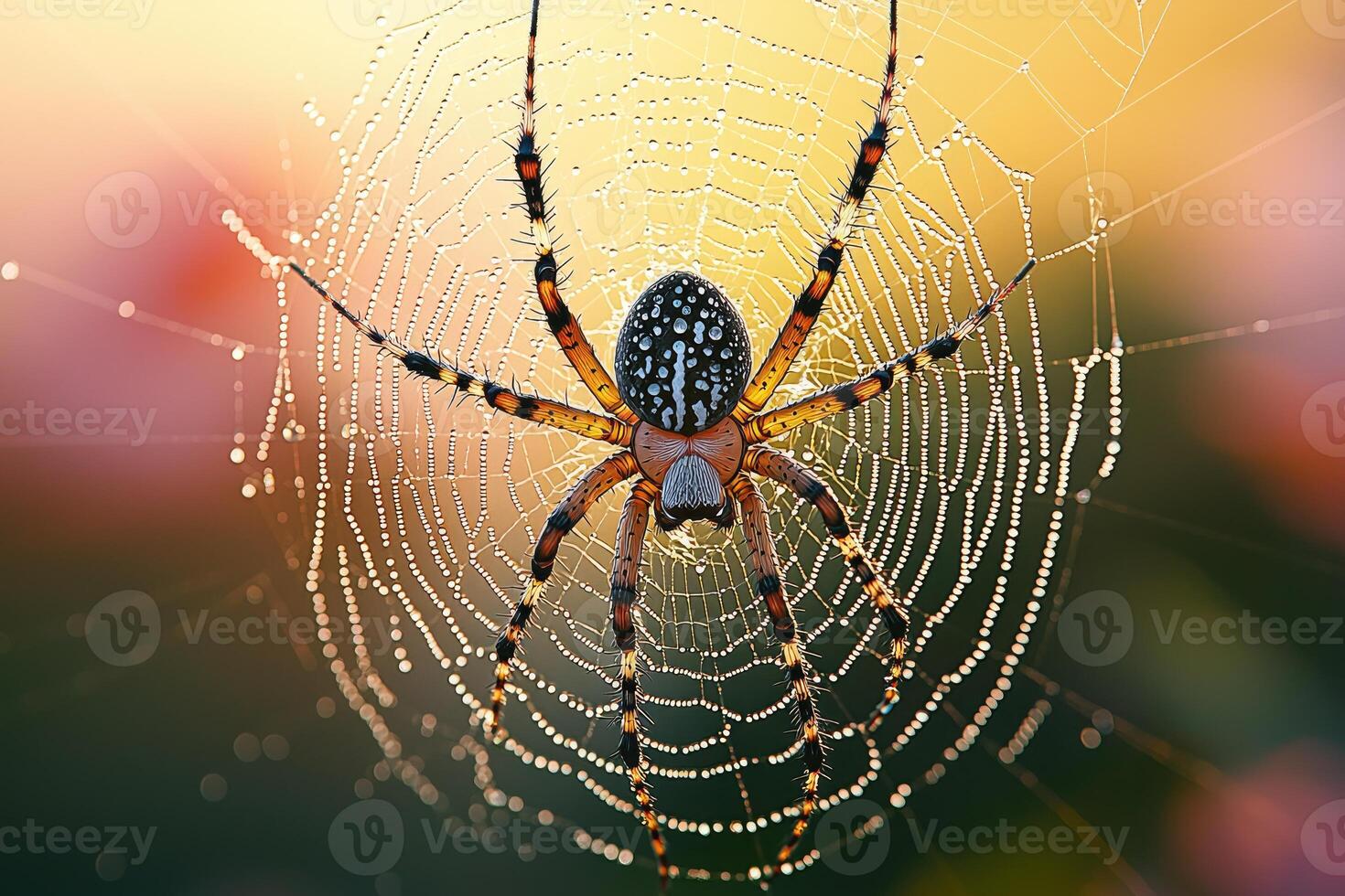 A dew covered spider sits patiently in its web photo