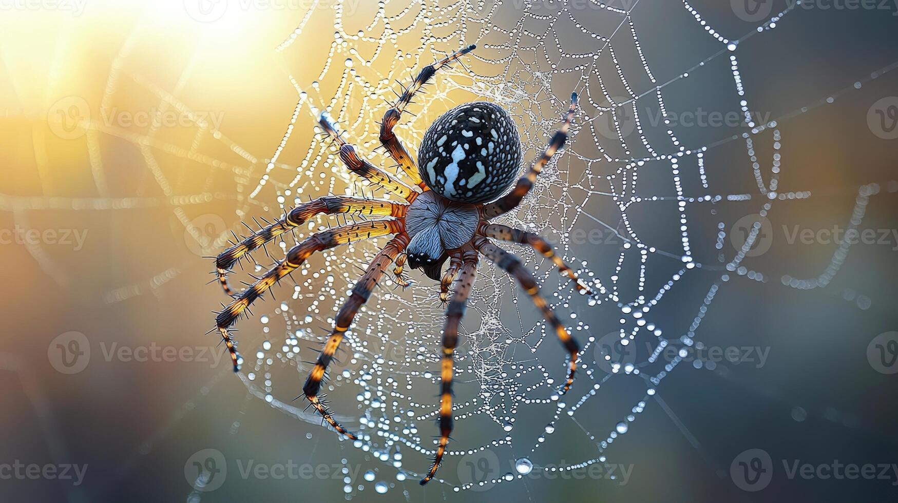 A Dew Kissed Spider In Its Web At Dawn photo