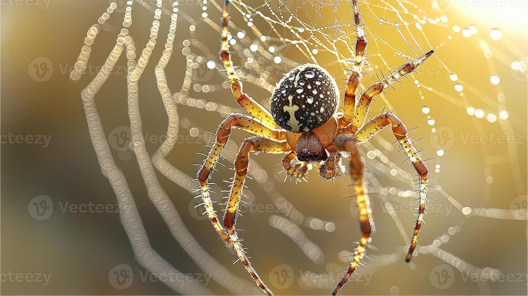 Dewdrop Covered Spider On Its Web In Sunlight photo