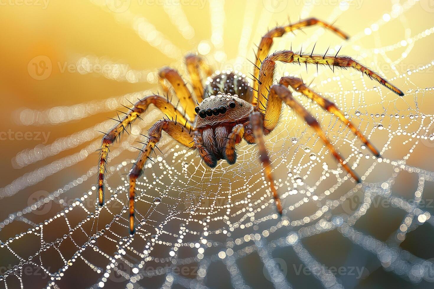 Dew Covered Spider On Its Web In Golden Light photo