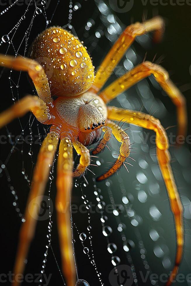 Golden Spider Adorned With Dew Drops On Its Web photo