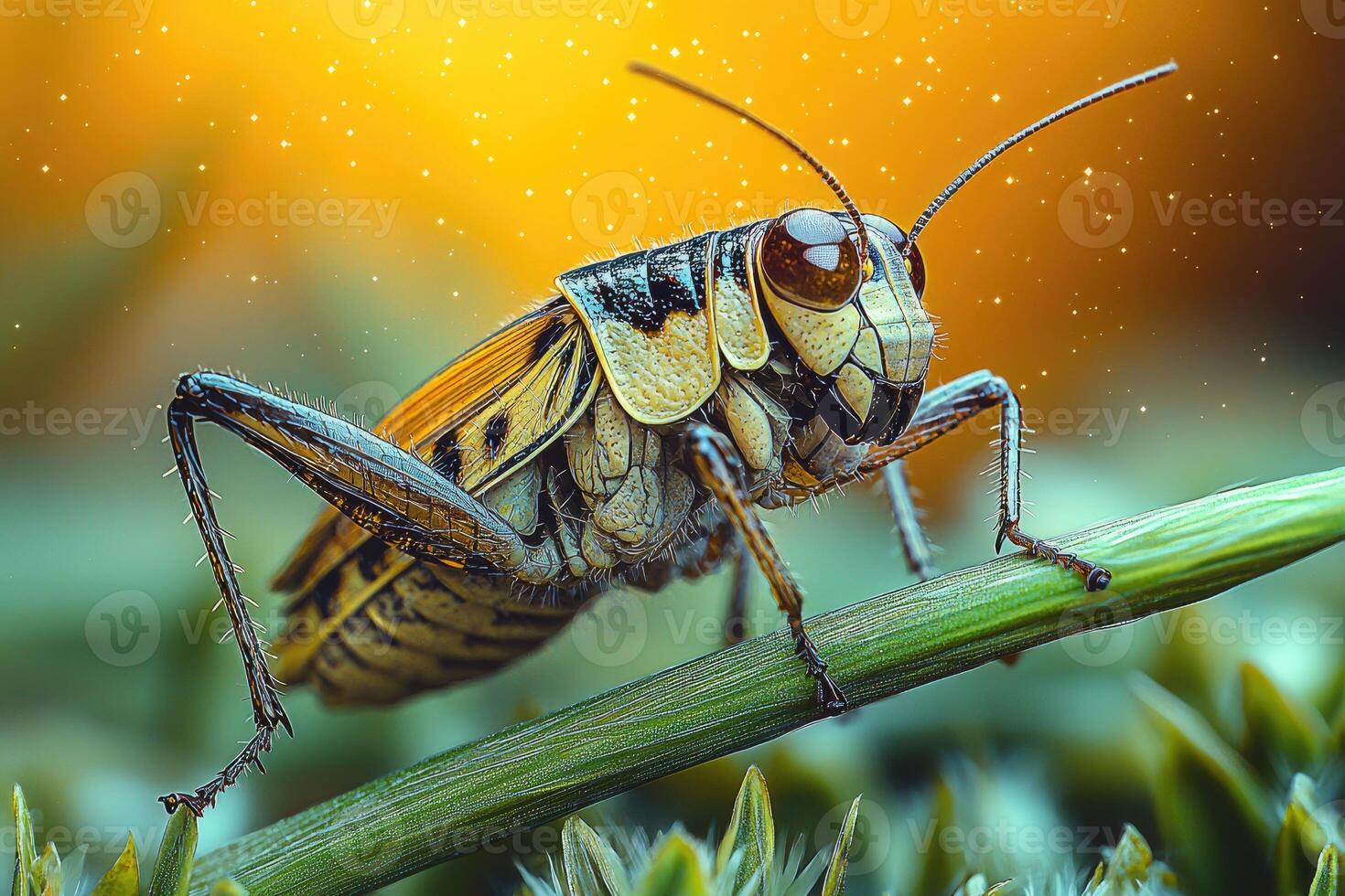 A Detailed Close Up Of A Grasshopper On A Blade Of Grass photo