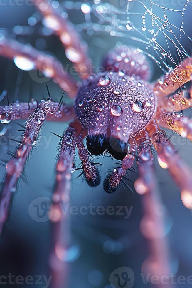 Dew Covered Spider On Its Web A Macro Shot photo